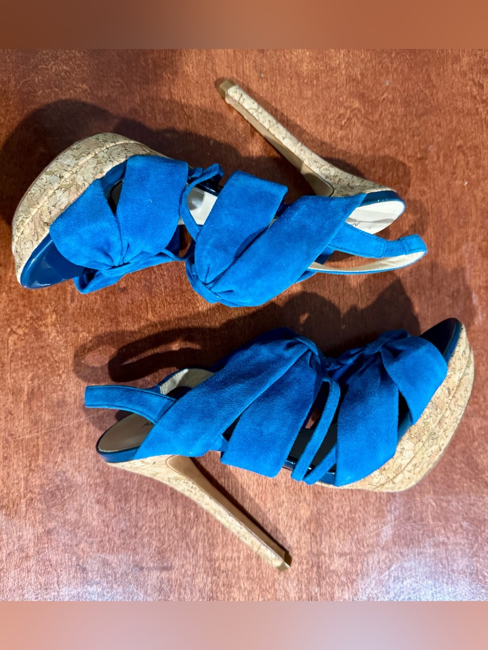 Alexander Birman Turquoise Suede Multi Knot Strappy Cork Platform Stilettos